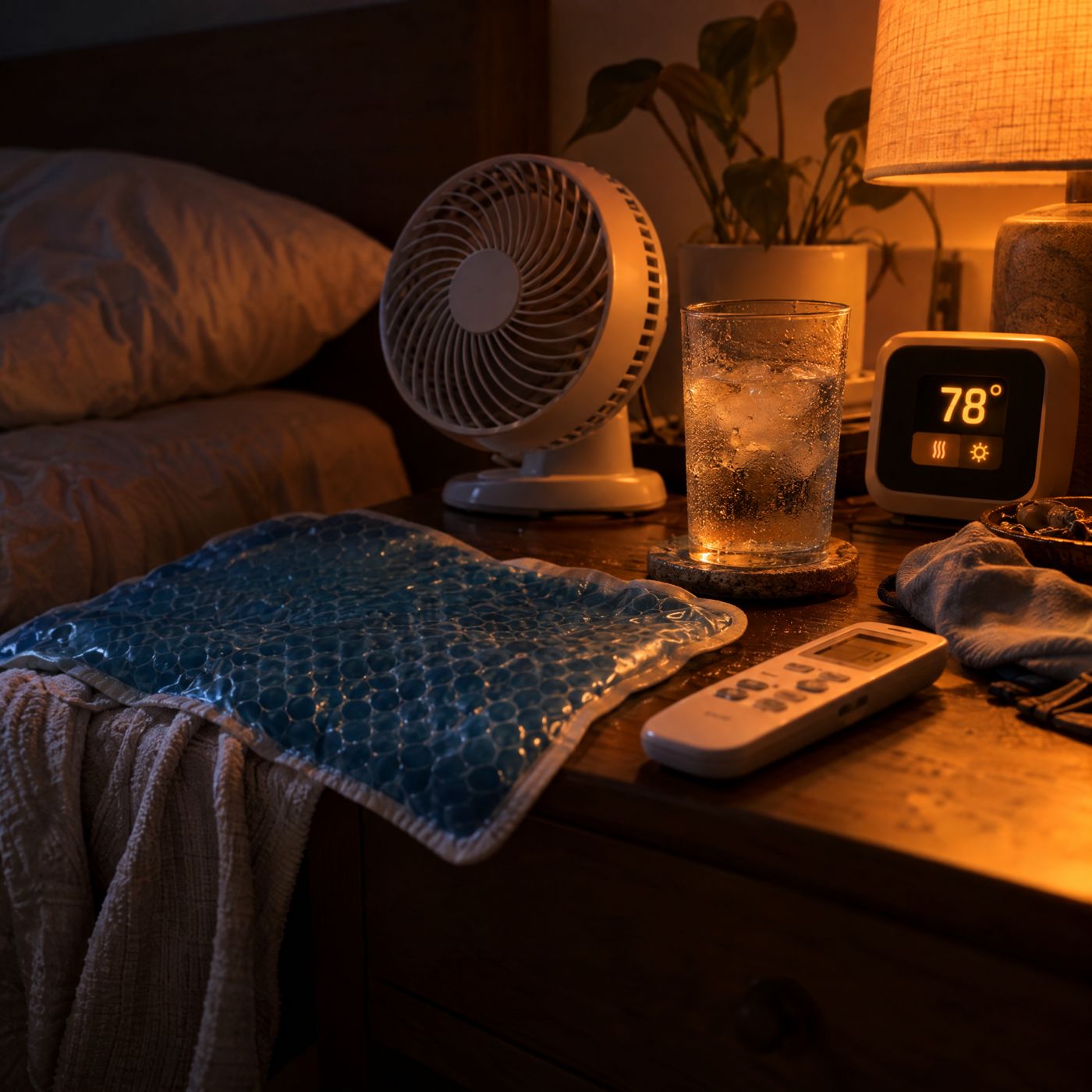 Nightstand with a fan, AC remote and cooling pad