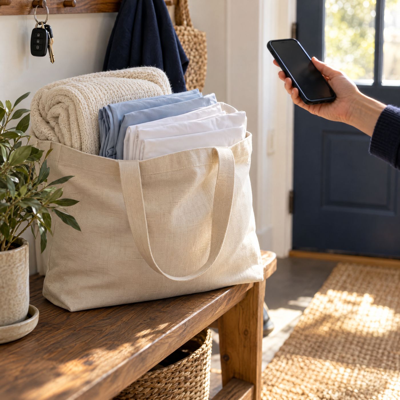 A hand holding a phone beside a tote bag of folded bedding by a sunny front door