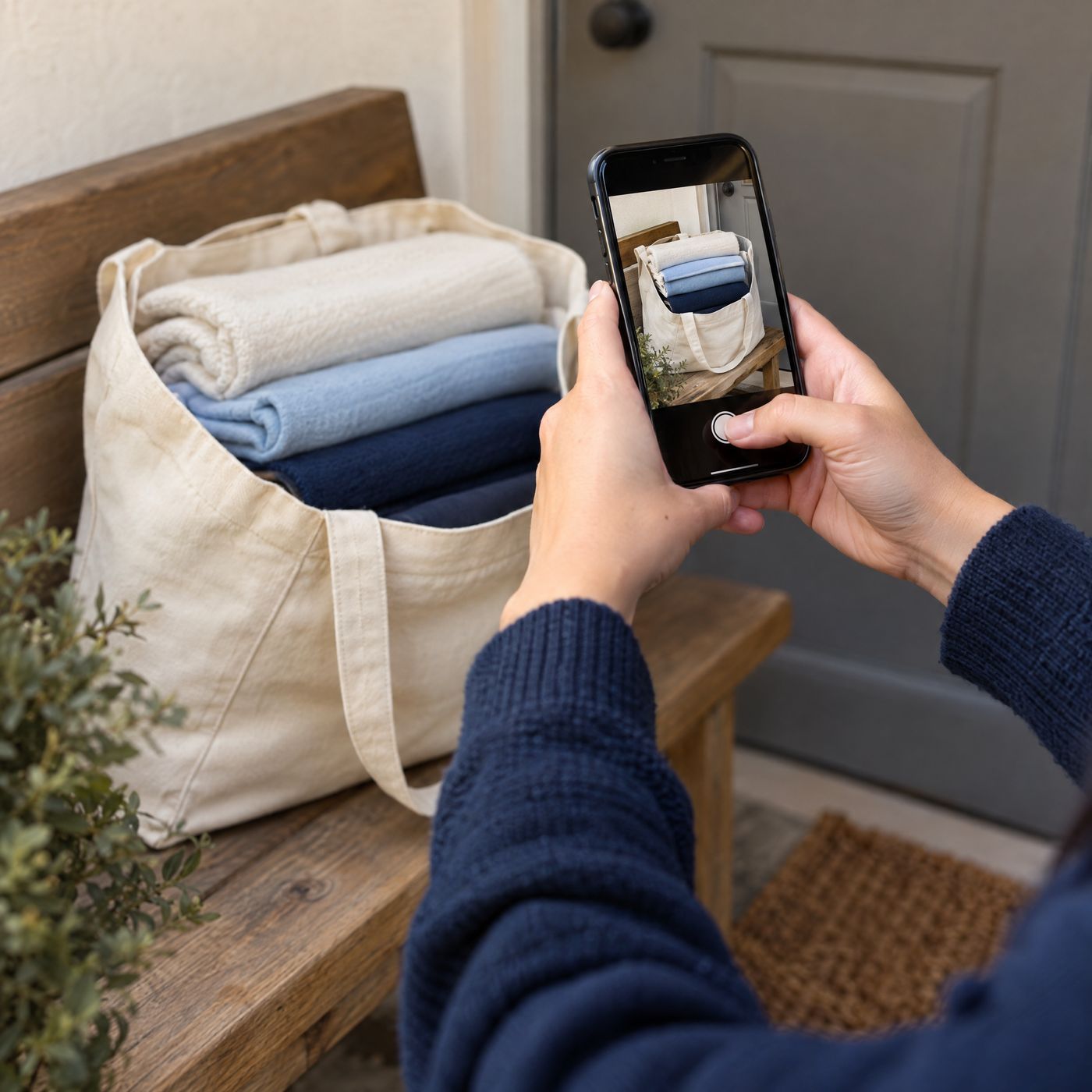 Hands taking a phone photo of a tote bag of folded blankets on a bench