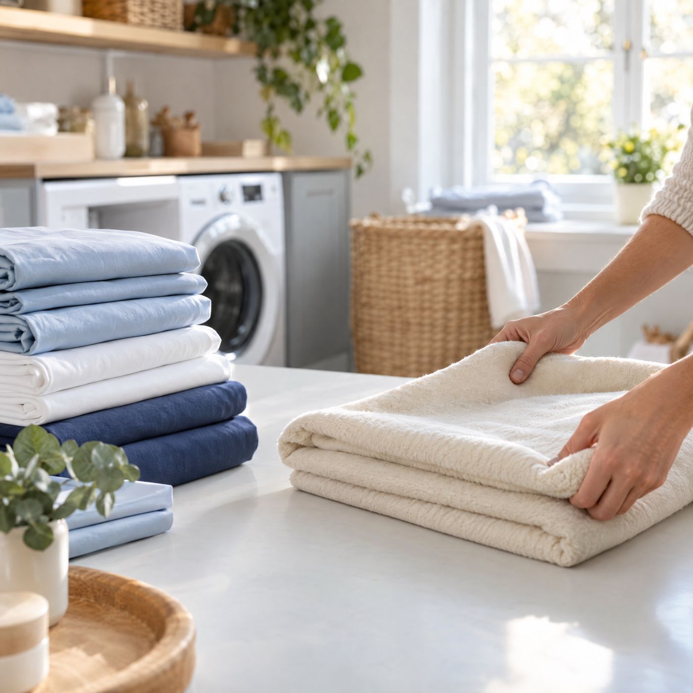 Freshly washed sheets and a blanket being folded on a laundry counter
