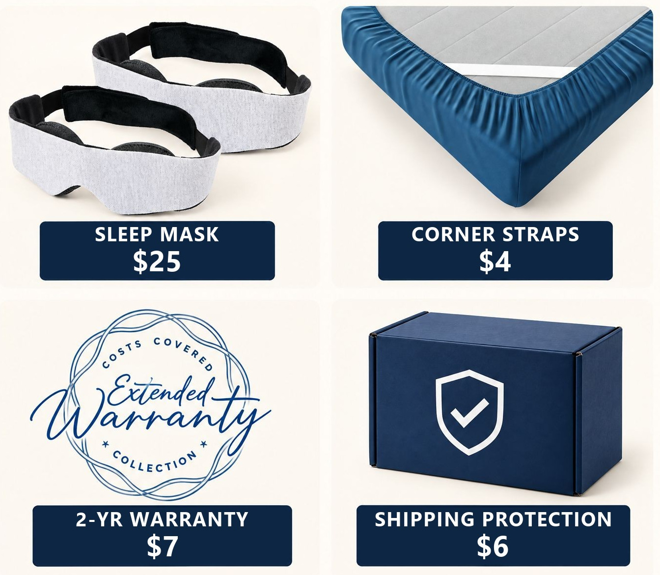 Free sleep mask, corner straps, 2-year warranty and Free Shipping Protection