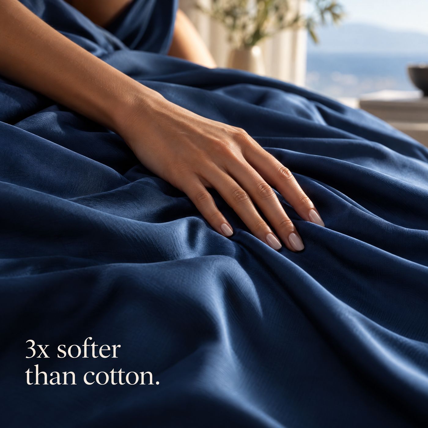Hand resting on a silky 100% Bamboo Viscose sheet