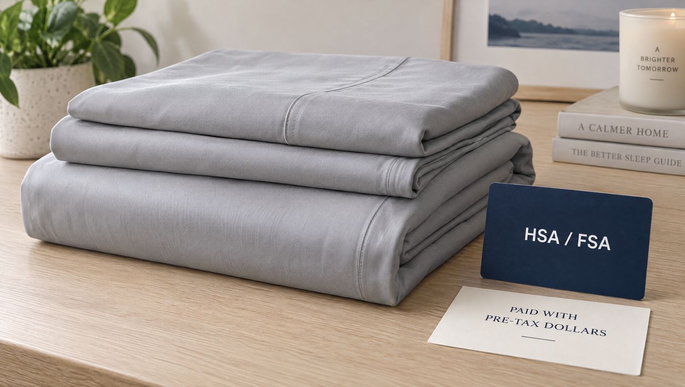 Folded 100% Bamboo Viscose sheets beside a navy HSA/FSA card and a note reading paid with pre-tax dollars